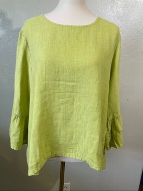 Lagenlook Chartreuse Linen Ruffle Sleeve High Low Tunic Top Bryn Walker USA M